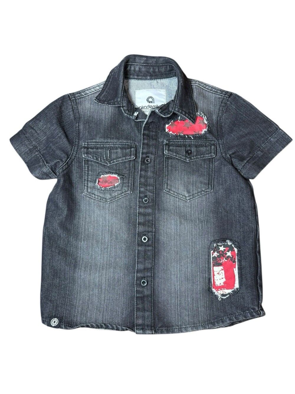 Akademiks Boys Black Denim Shirt Size 6 (Large) Grunge Patchwork Flag Cutout